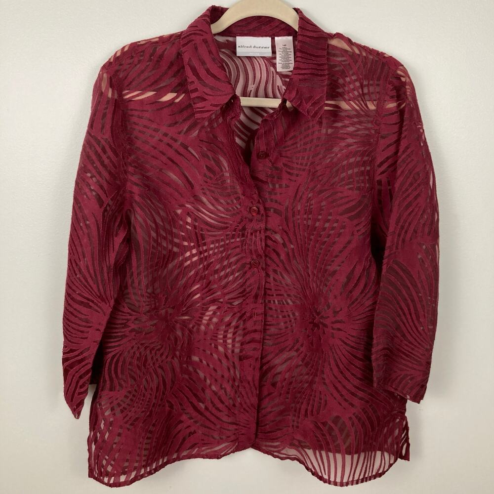 VTG Alfred Dunner Womens 14P Maroon Sheer Burnout Blouse Fairy Whimsigoth Vamp